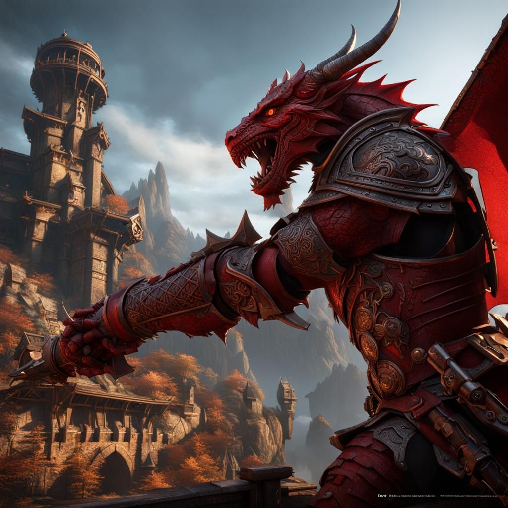 Red Dragonborn with Mechanical Arm in Detailed Fantasy Art