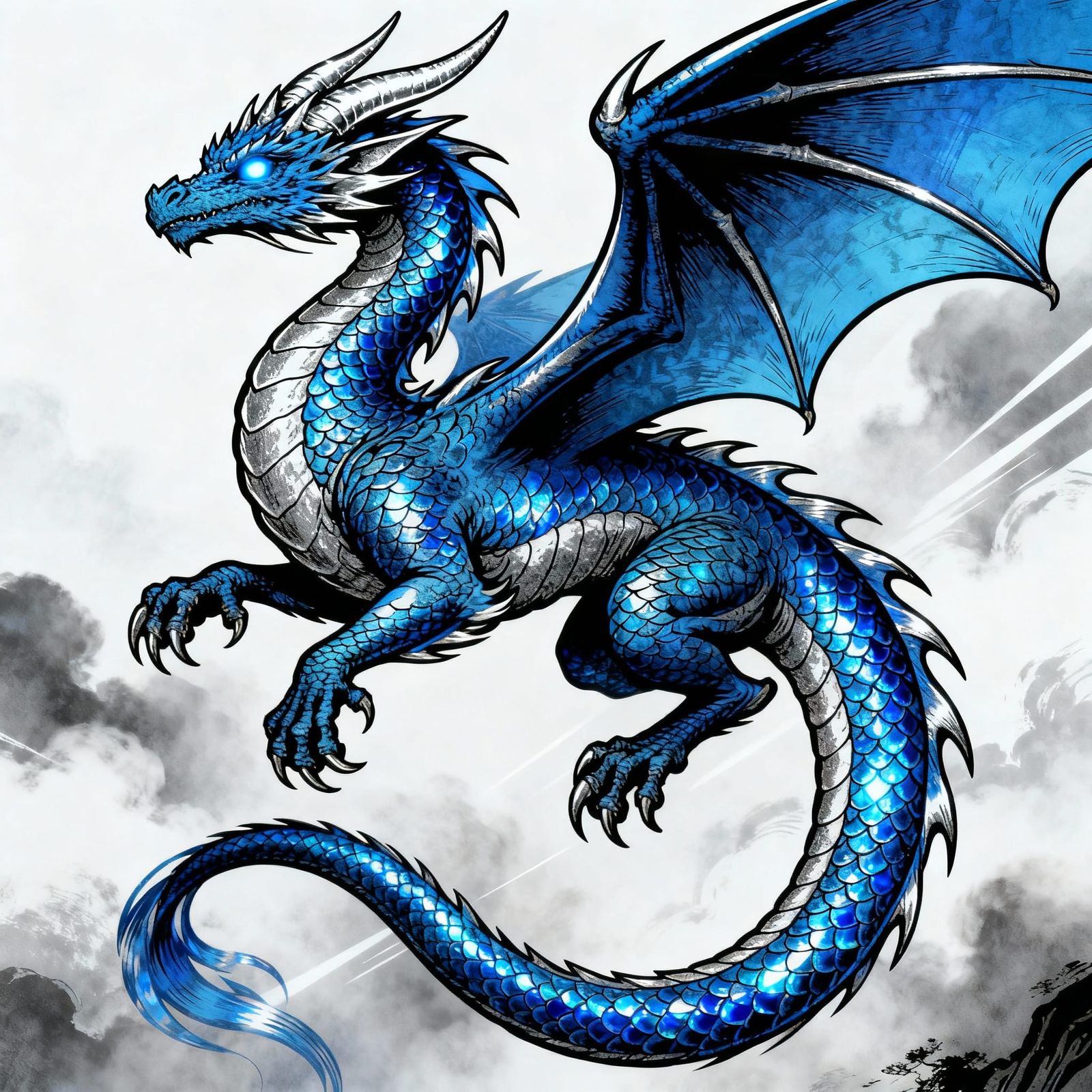 Blue Dragon in Flight with Sapphire Scales and Silver Horns