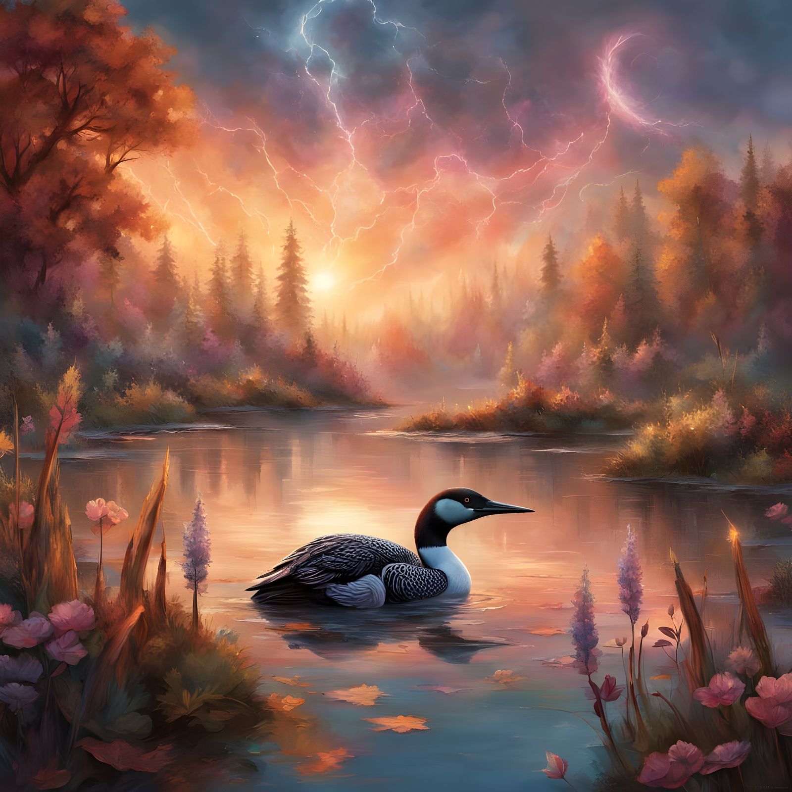 Surreal Dawn Scene with Loon in Soft Focus