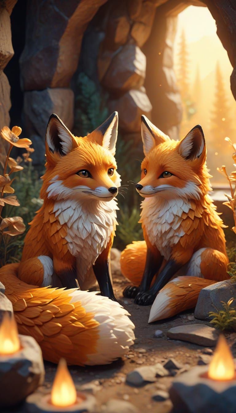 Fantasy Fox Family Gathering in a Crystal Geode Cottage