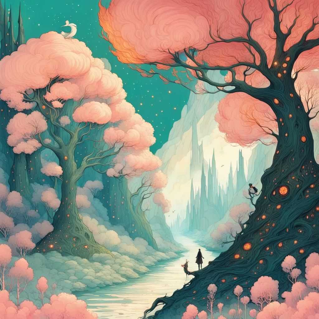 Magical Fantasy Landscape with Flaming Trees