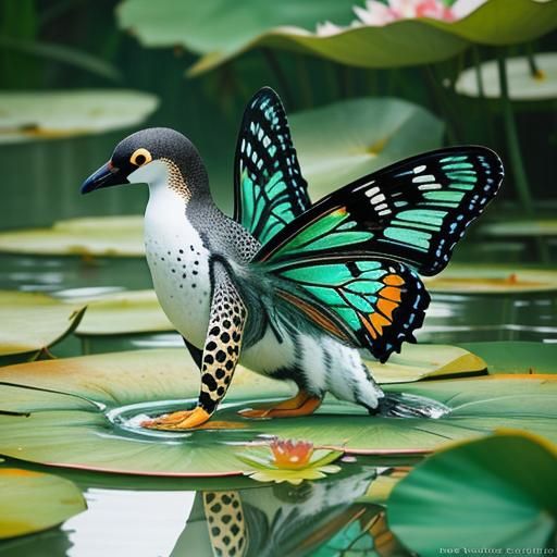 Penguin Cheetah Butterfly Hybrid Emerging from Lotus