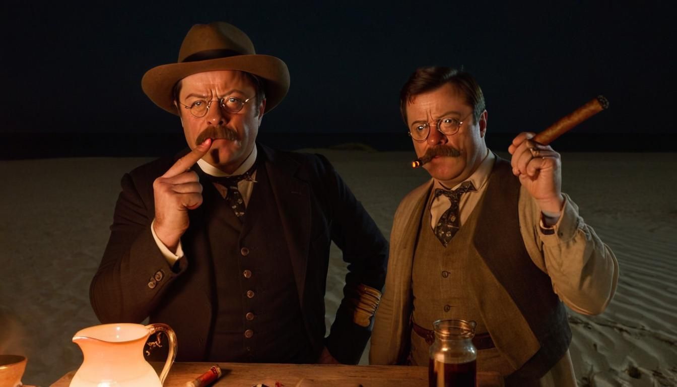 Nick Offerman as Teddy Roosevelt drinking rum from a ceramic jug while holding a smoking, large cigar between his thumb ...