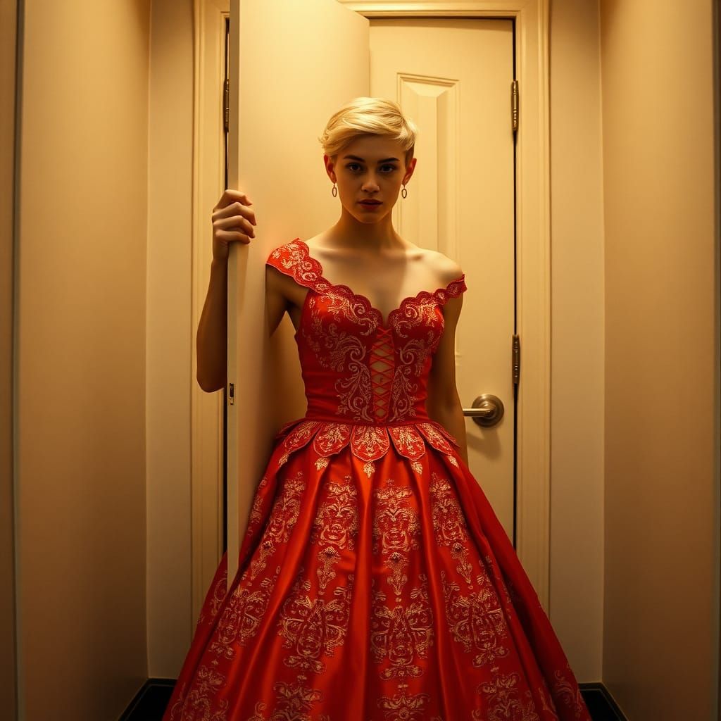 Masculine Man in Quinceañera Dress, Cinematic Style