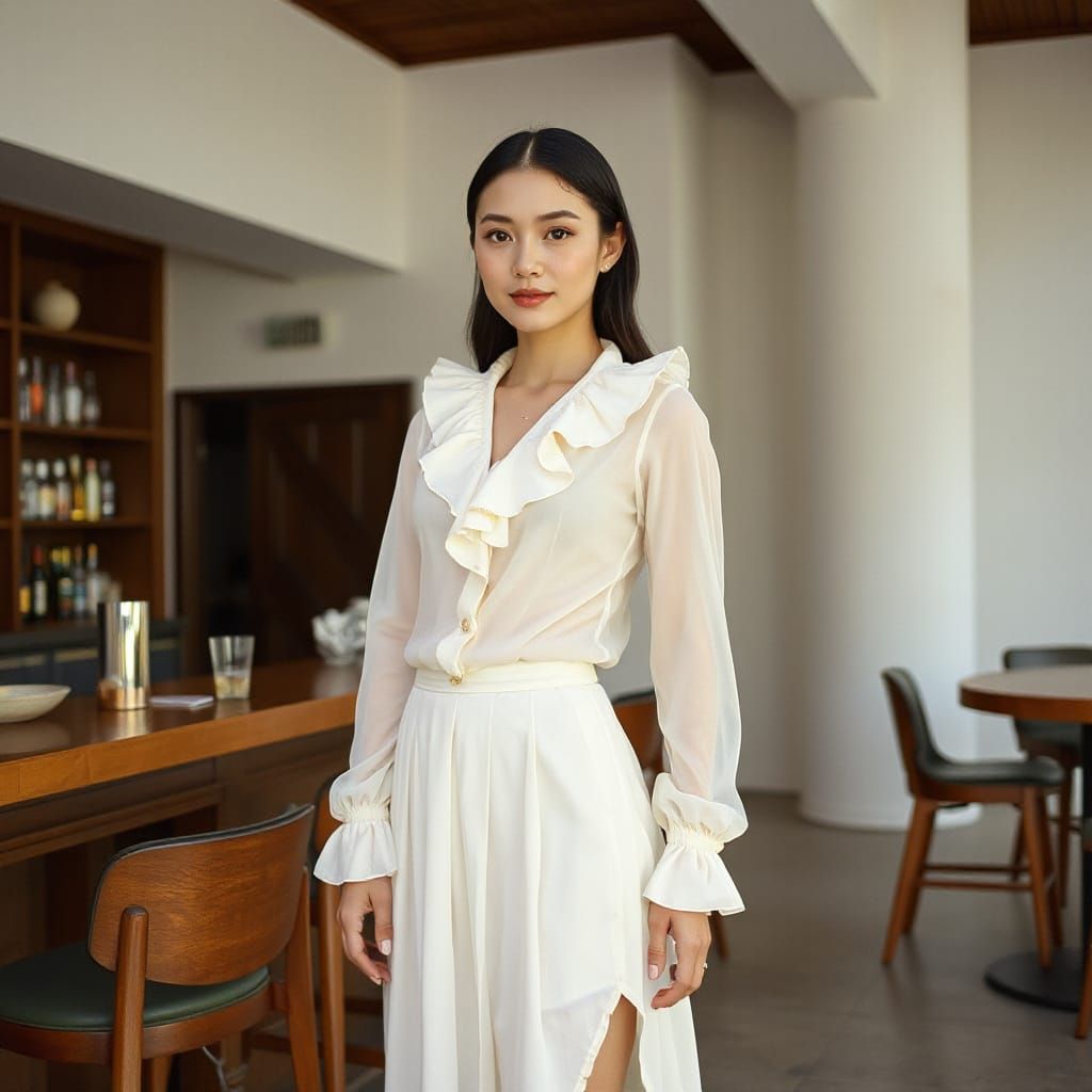 Vietnamese Woman in Minimalist Bar, Vintage Cottagecore Styl...