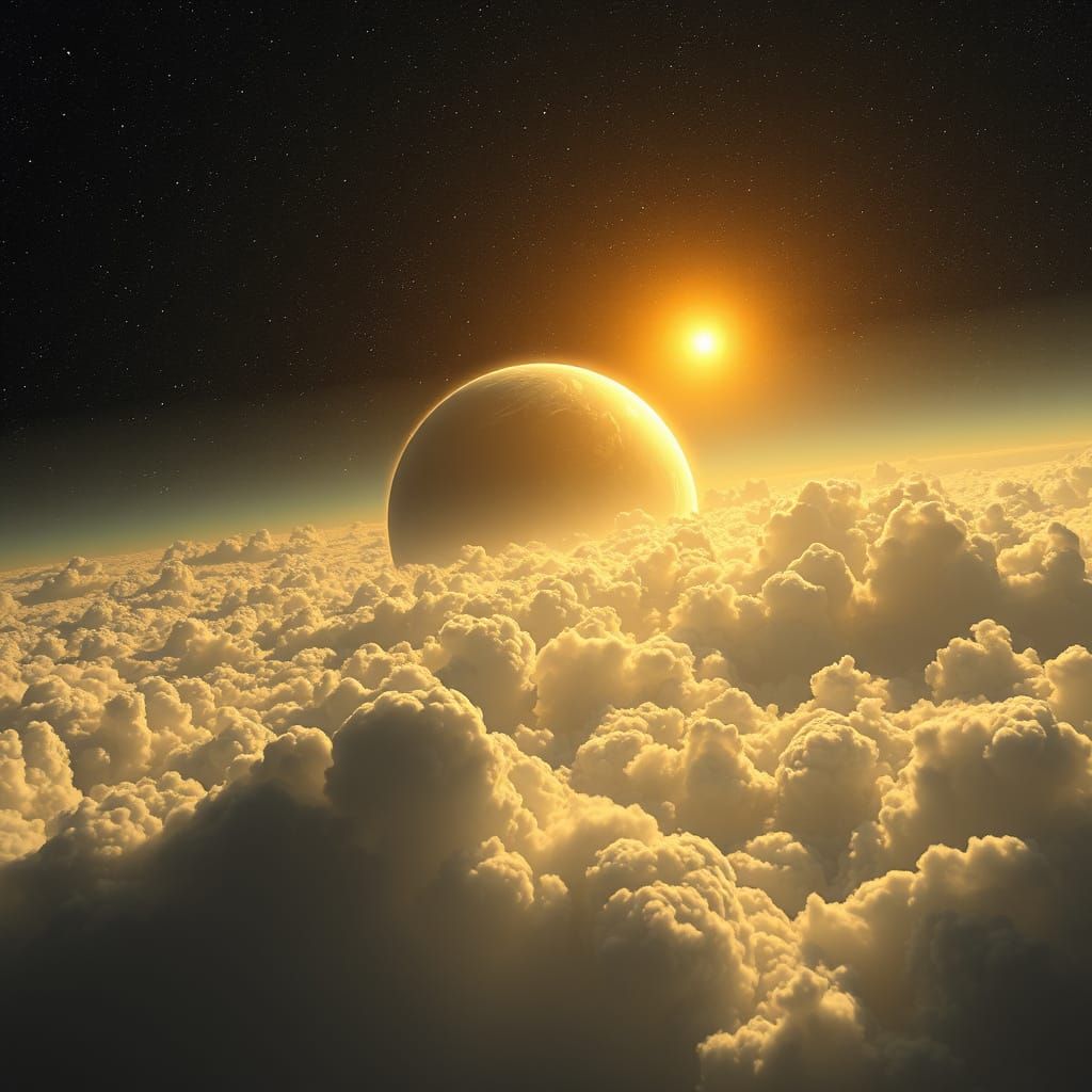 A Distant Planet Bathed in Golden Haze with Radiant White Cl...