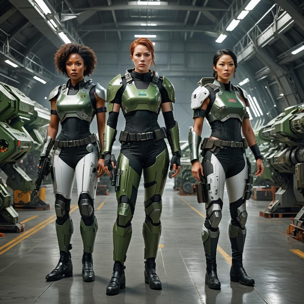 Diverse Women Warriors in Futuristic Hangar