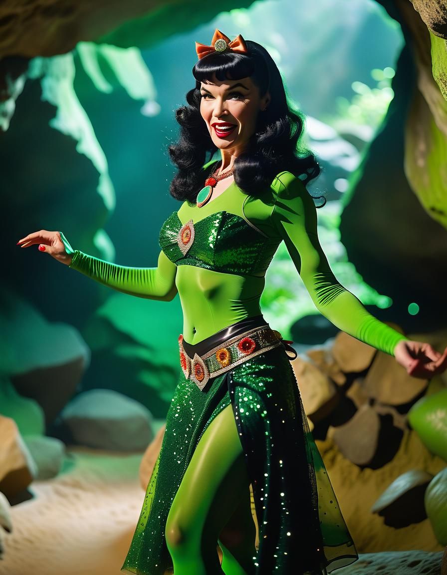 Green-Skinned Bettie Page Dancing in a Cave