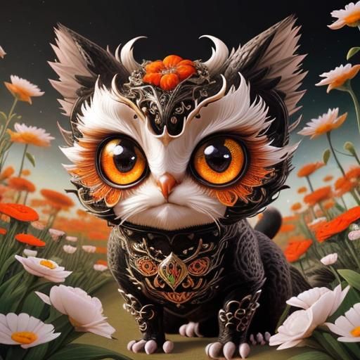 Cute Monster Cat in Flower Field: Abstract 3D Art
