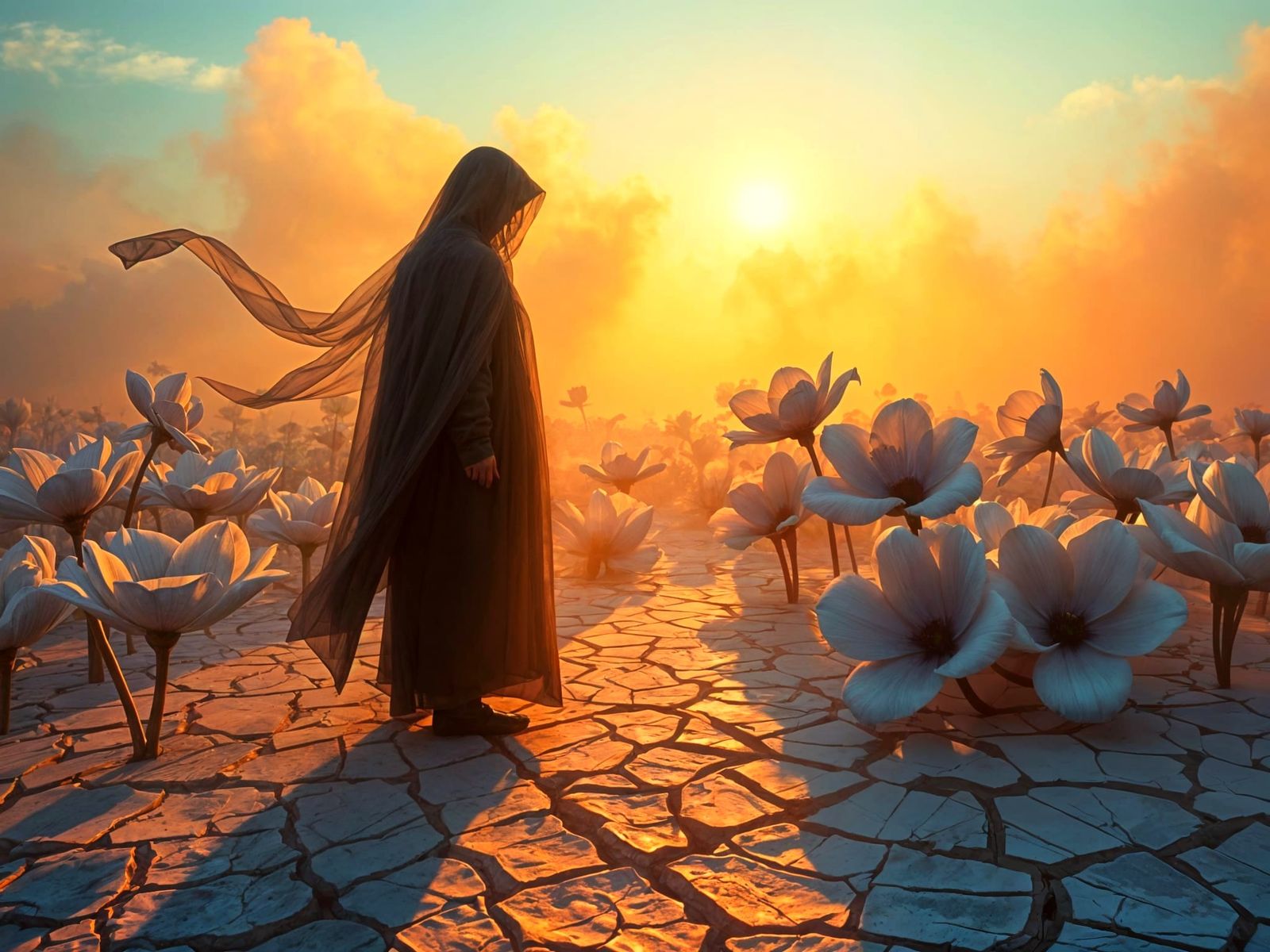 Ethereal Dreamscape with Glowing Porcelain and Iridescent Bl...