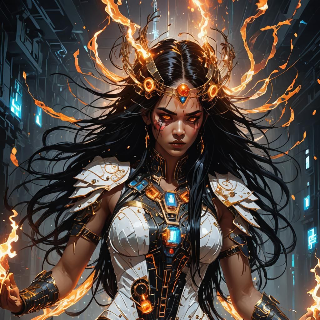 Futuristic Female Warrior with Glowing Electronic Components