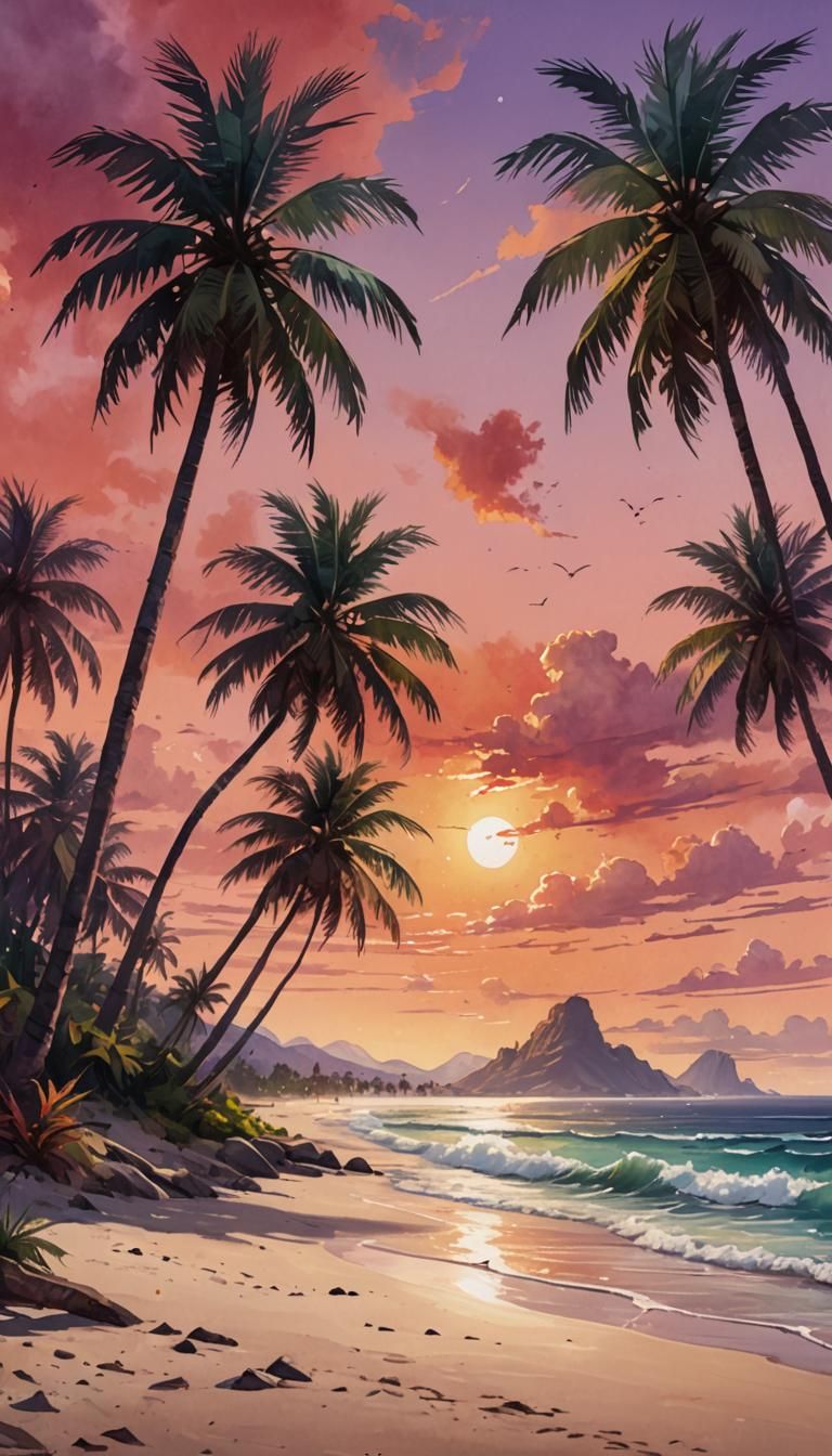 Tropical Beach Sunset in Gouache Watercolor Style