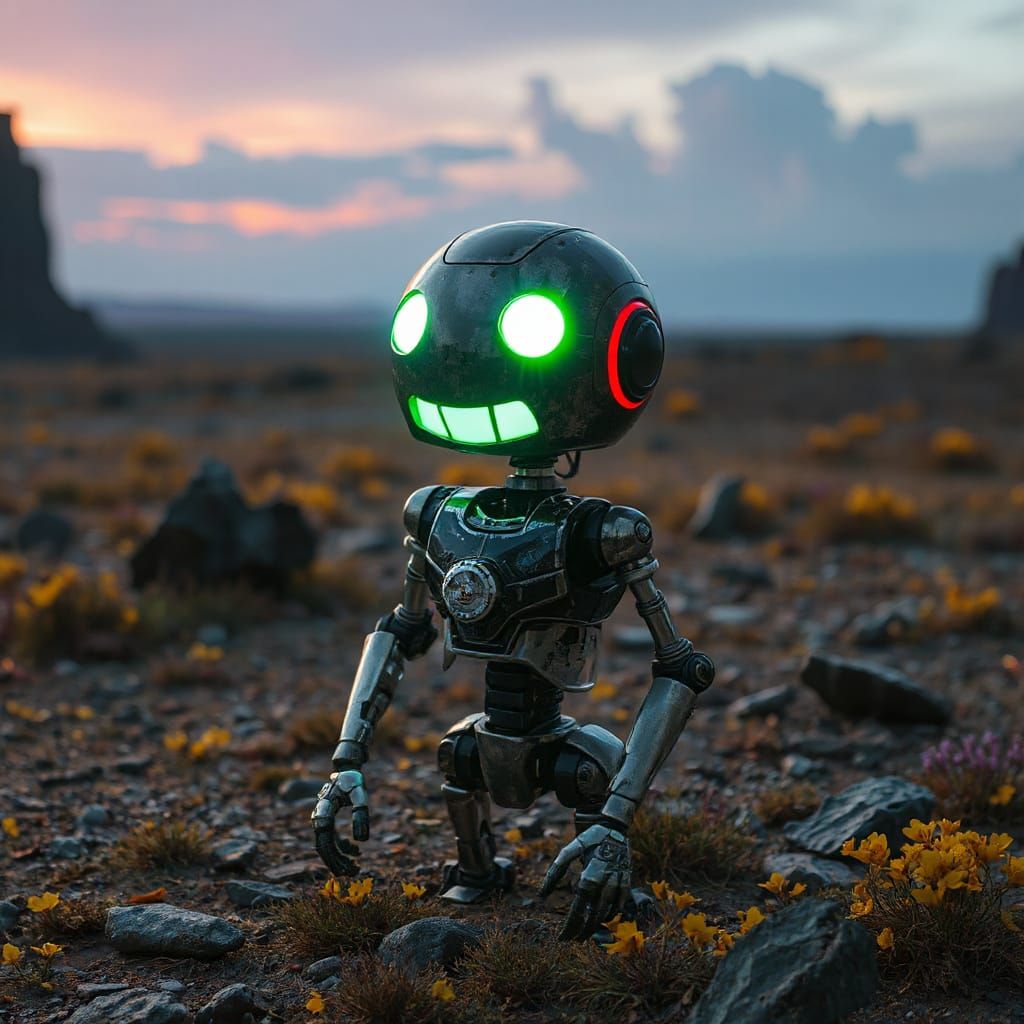 Bioluminescent Robot in Alien Landscape: Holographic Style