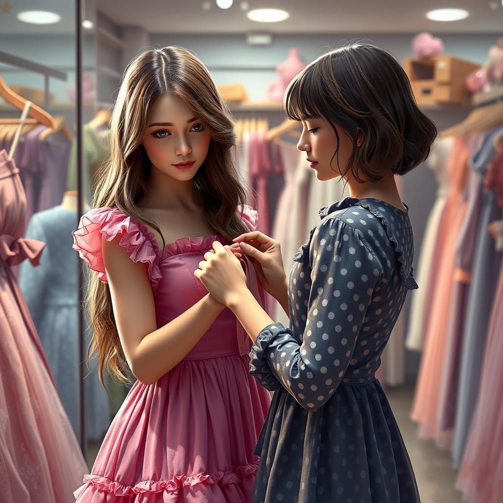 Romantic Moment Between Two Women in a Vibrant Dress Shop