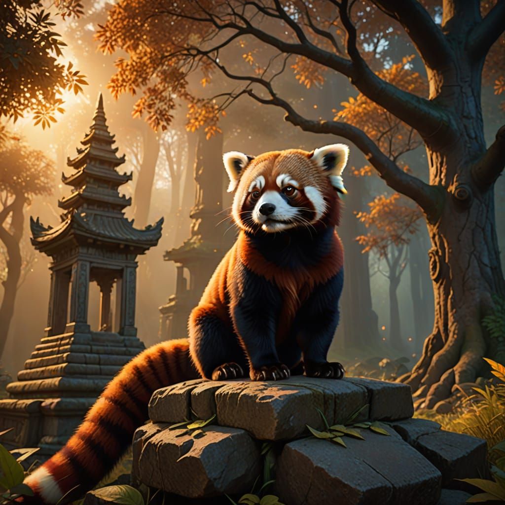Majestic Red Panda on Ancient Temple at Sunrise