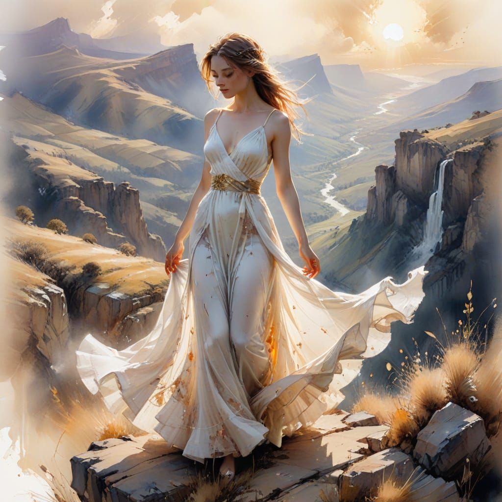 Woman on Precipice in Ethereal Watercolour Style