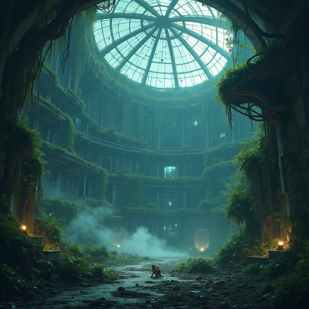 Biodome Ruins: Nature vs. Machine in Post-Cyberpunk
