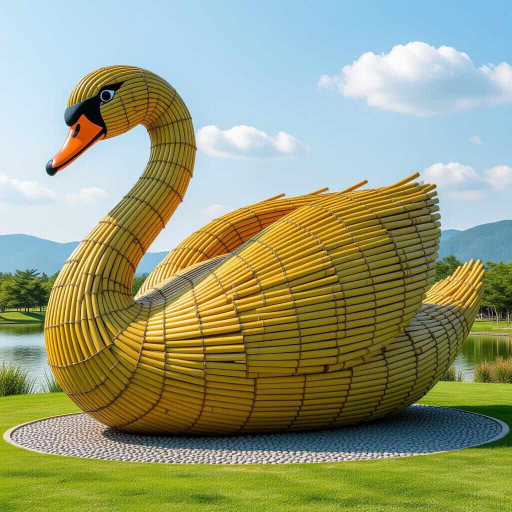 Giant Bamboo Swan Statue in Pop Art Style