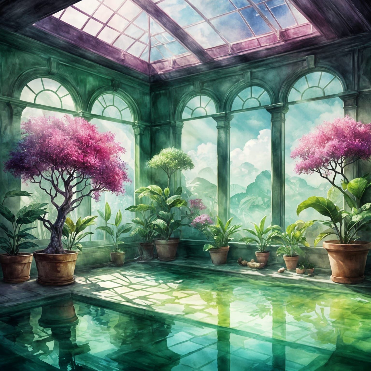 Sunny Solarium in Watercolor Ink Drawing Style