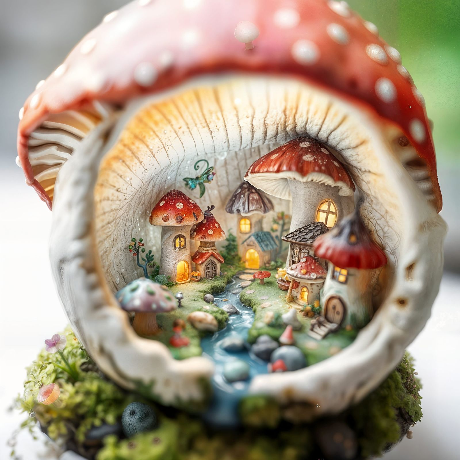 Charming Fairy Village Inside Mushroom, Watercolor Art