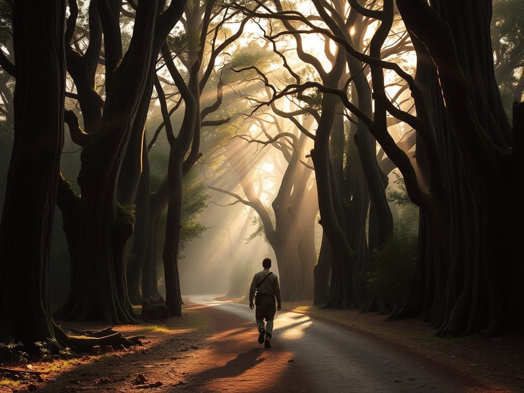 Ancient Forest Cathedral in Soft Golden Light