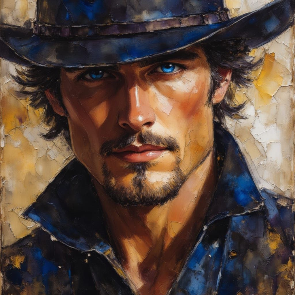 Rugged Cowboy with Icy Eyes, Heavy Impasto Oil Painting