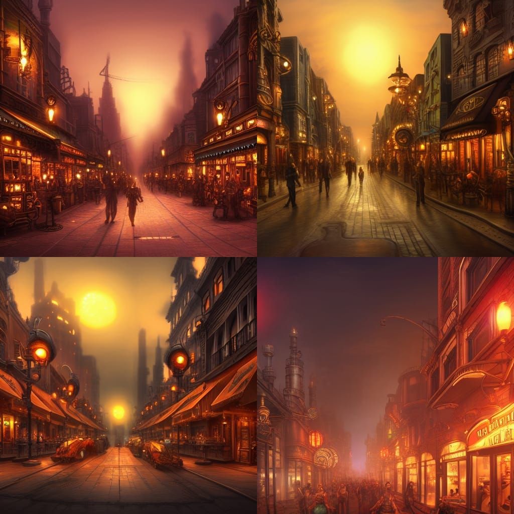 Steampunk City Boulevard at Sunset: Detailed Matte Painting