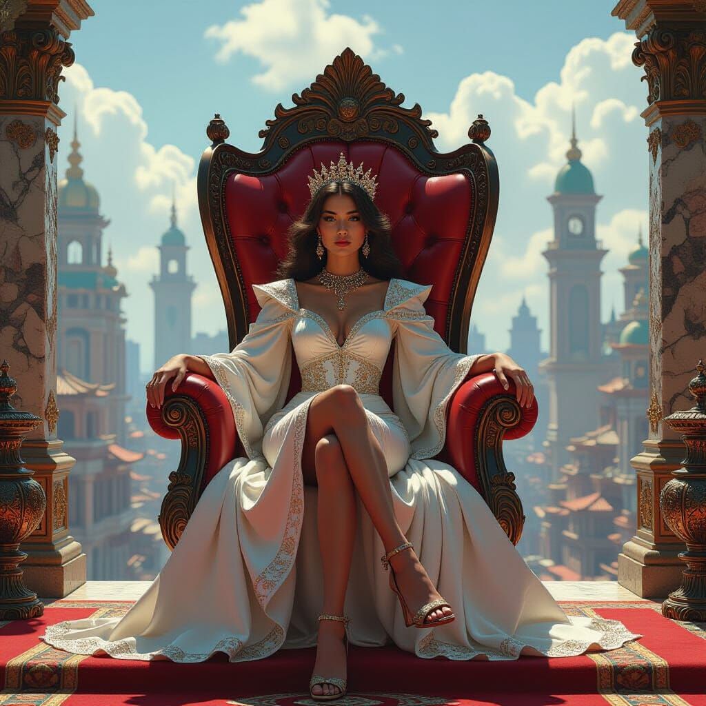 Regal Figure in Hedonistic Cityscape, Syd Mead Style