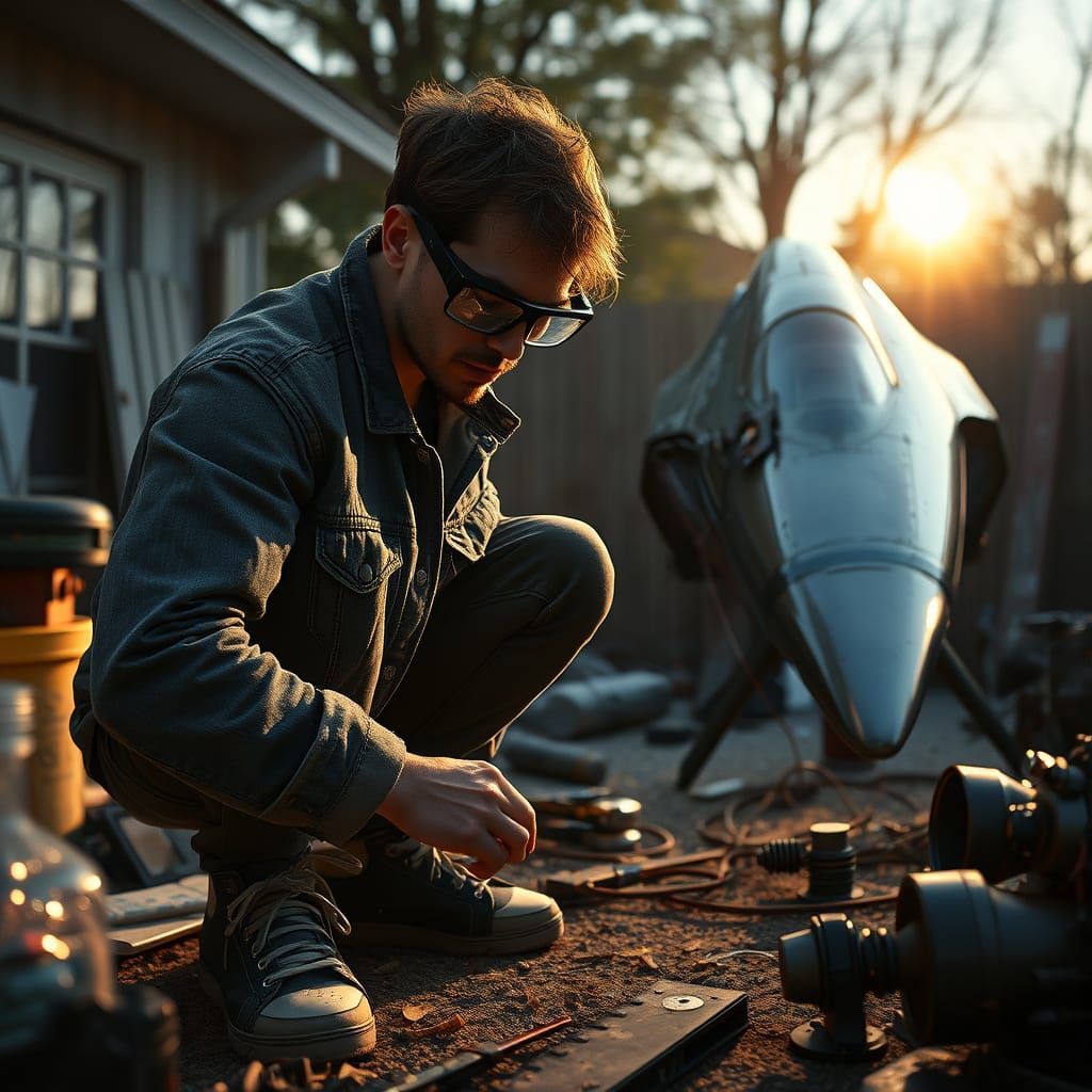 Intense Backyard Spacecraft Builder in Cinematic Style