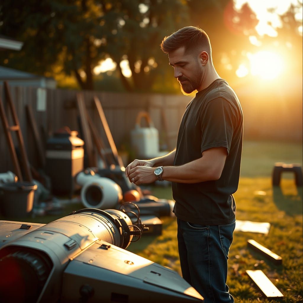Cinematic Backyard Spaceship Builder in Sunset Glow