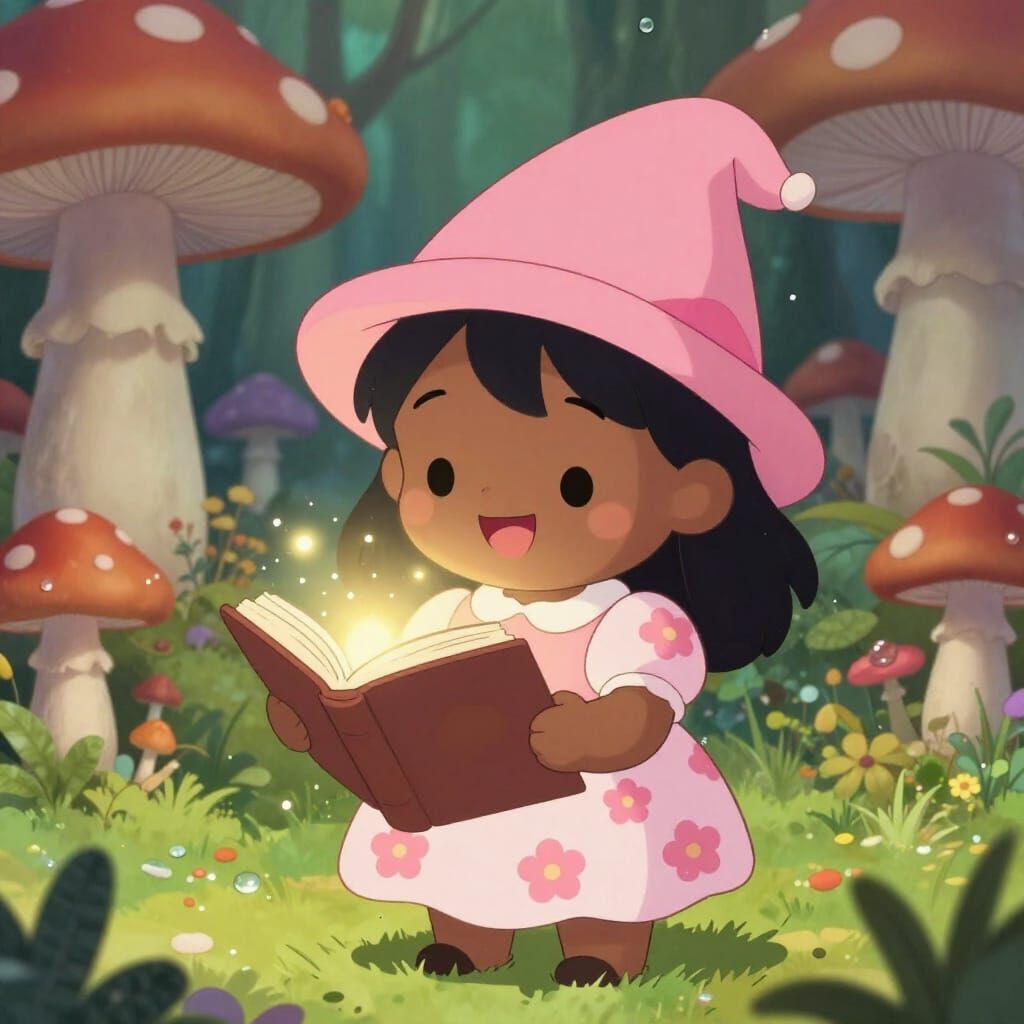 Kawaii Black Girl Gnome Reading Magical Book in Forest