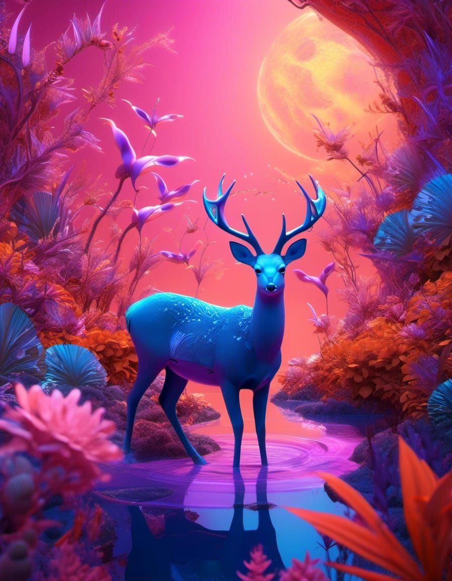 Blue Deer Family on Alien Planet in Digital Art