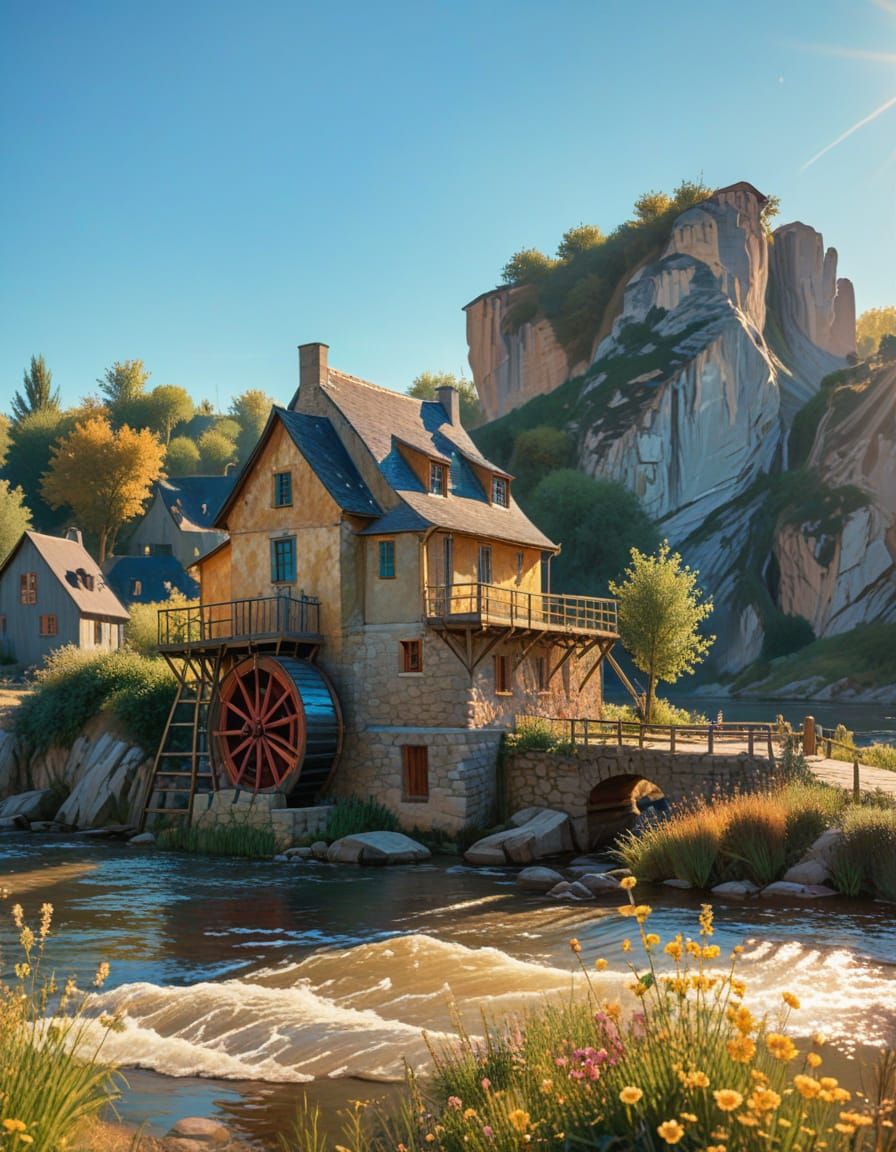 Impressionist Watermill Scene with Vibrant Brushstrokes
