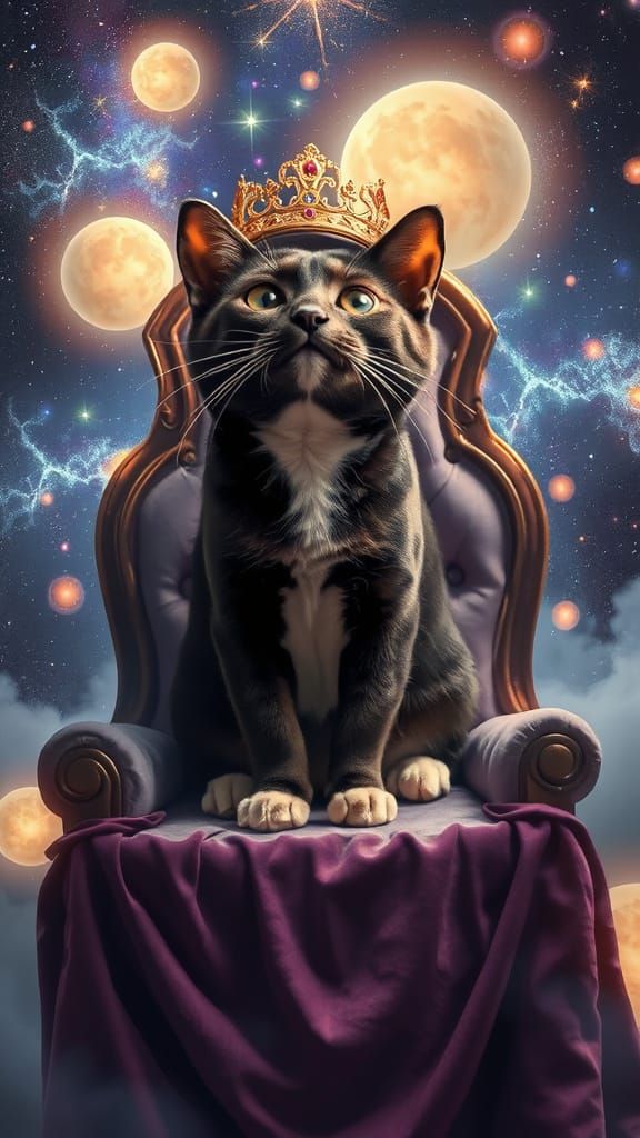 Celestial Cat King on Velvet Throne Among Stars