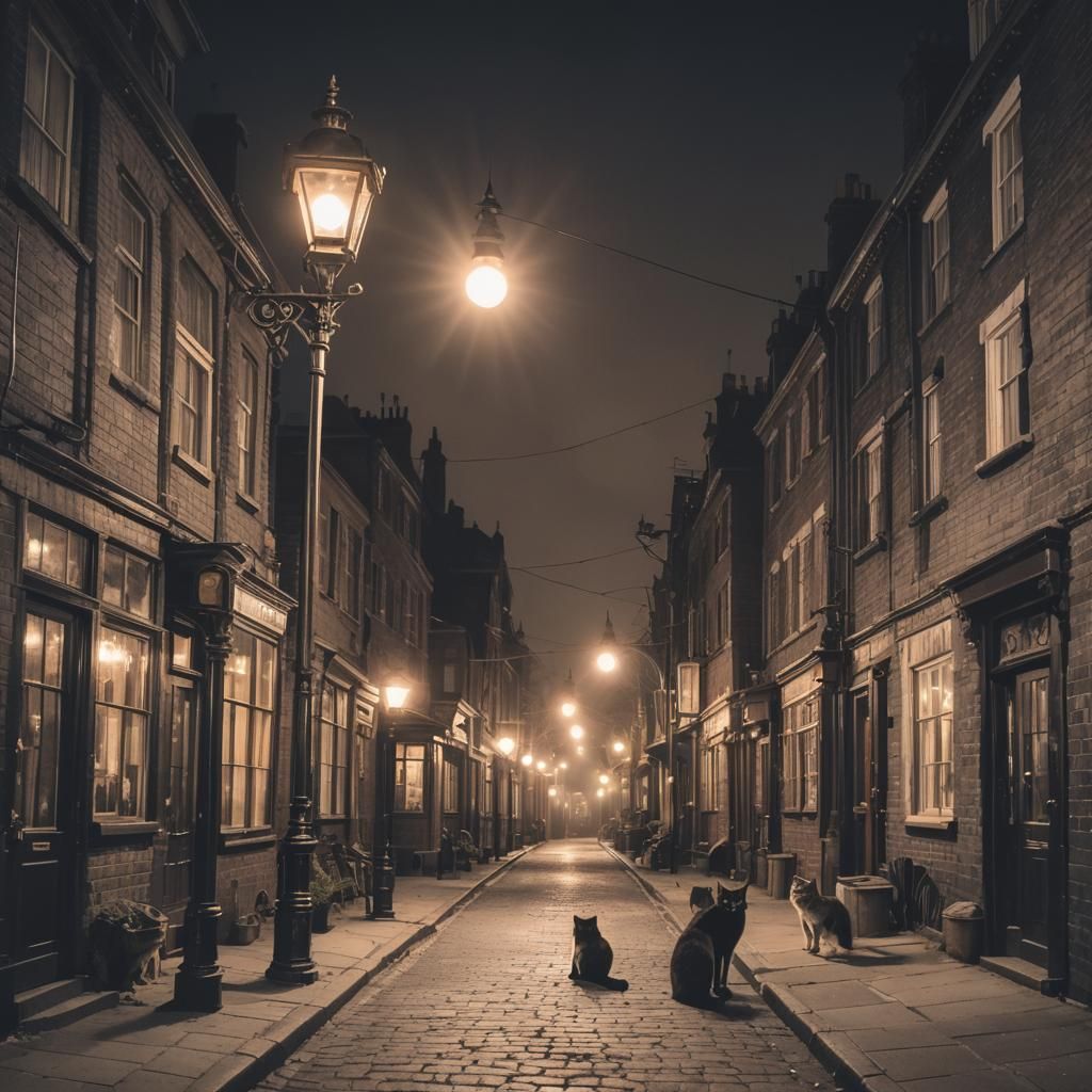 Victorian Steampunk Street Scene at Night