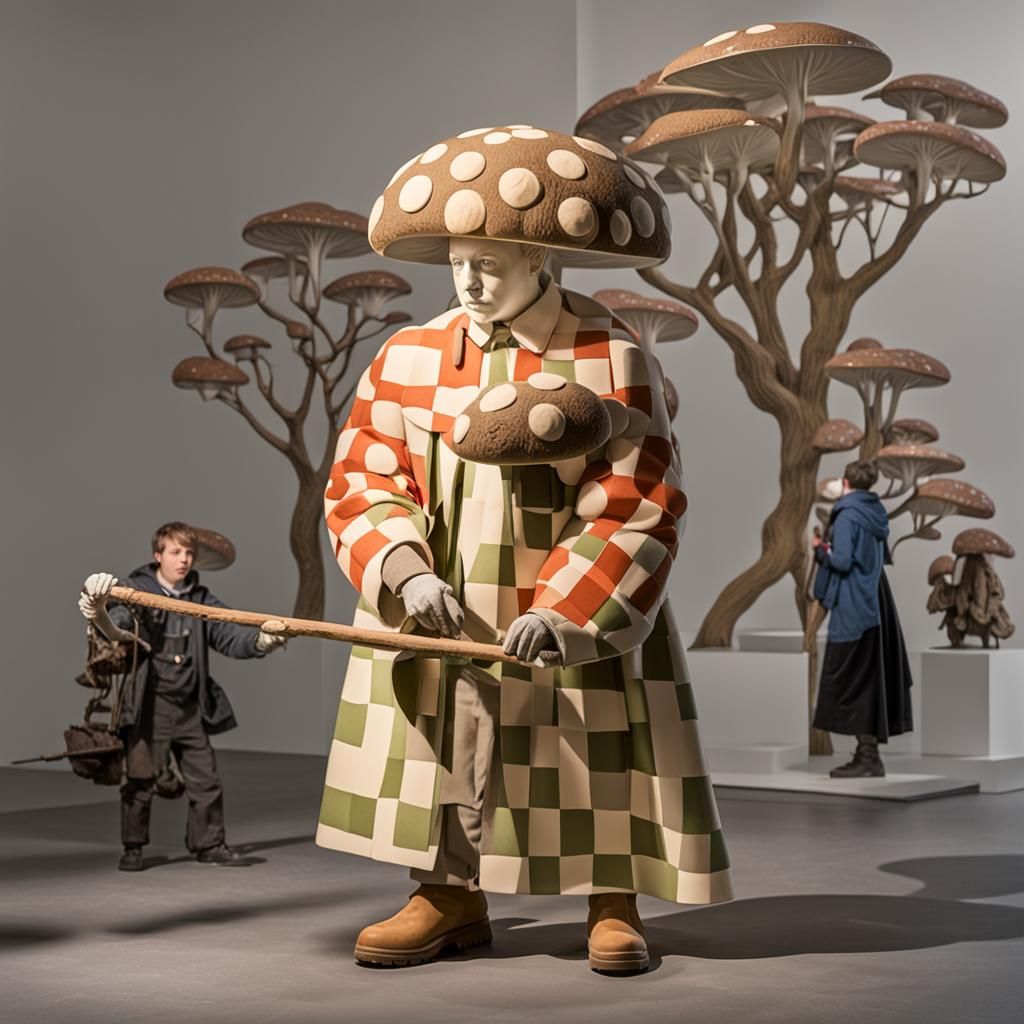 Mushroom Harvesters at Modern Art Museum in Sculpture Style