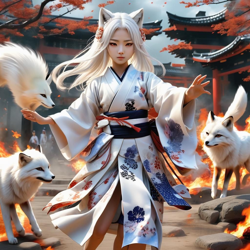 Japanese Girl Rides a Fox in Anime Style