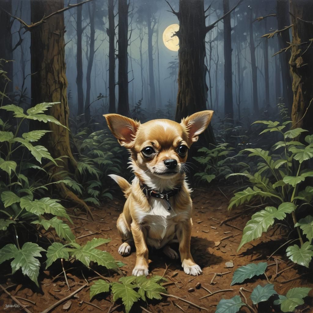 Chihuahua Puppy in Forest, Oil Painting