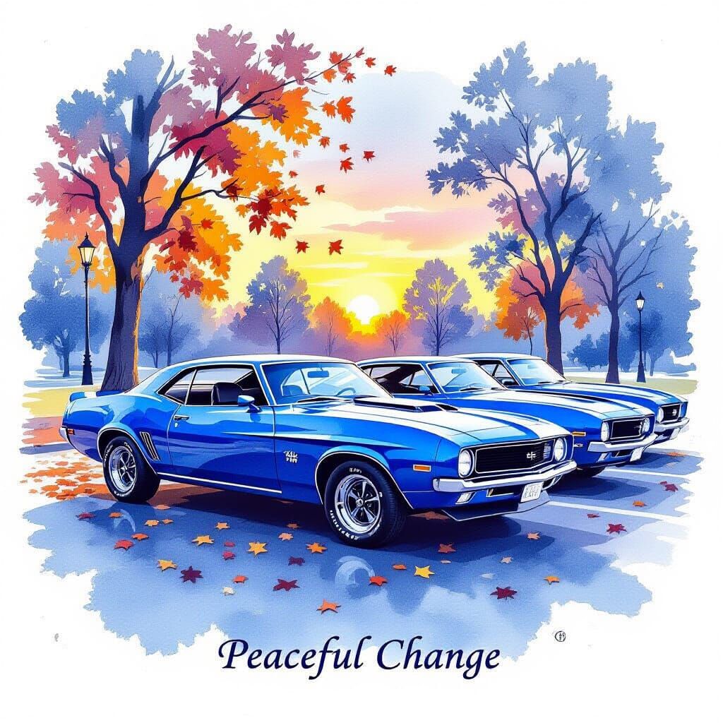 Blue and White Porcelain Style Painting of Muscle Cars