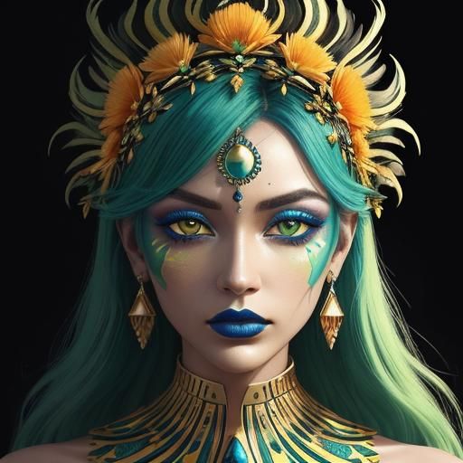 Gold Woman with Peacock Feathers in Pop Art