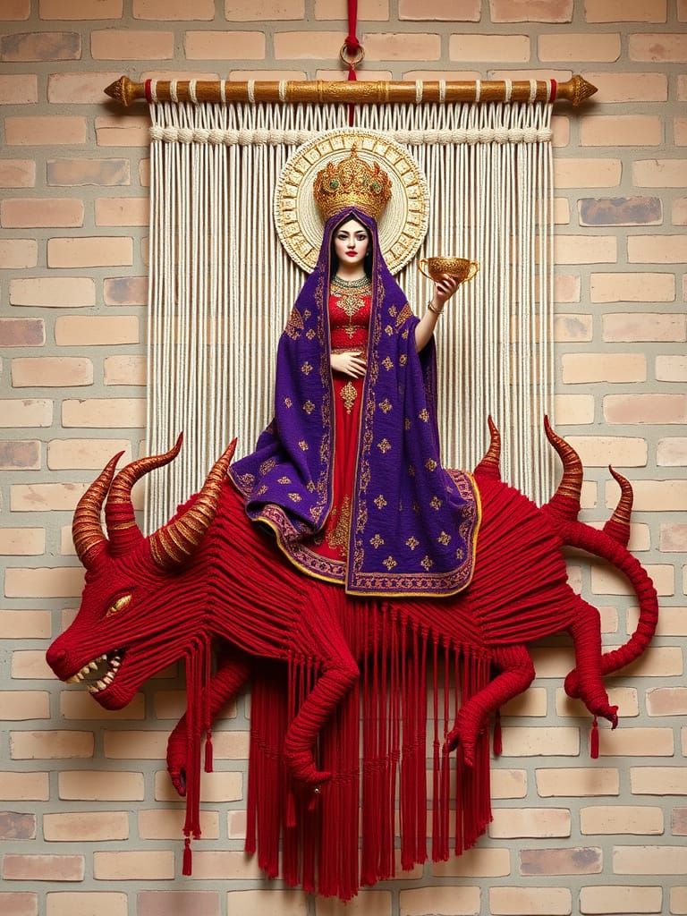 Apocalyptic Folk Art Macramé Wallhanging "Scarlet Woman"