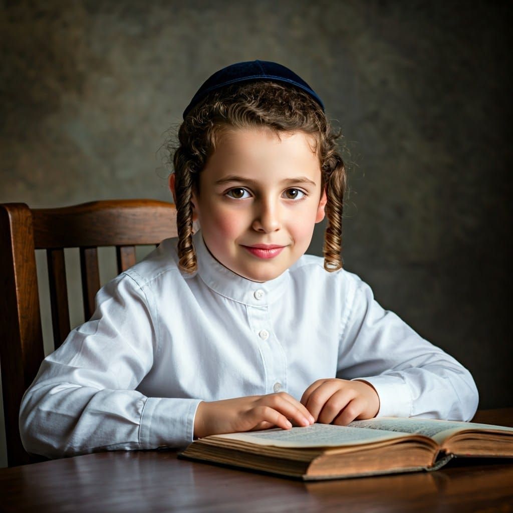 Young Hasidic Boy in Traditional Attire Studies Gemara in Wa...
