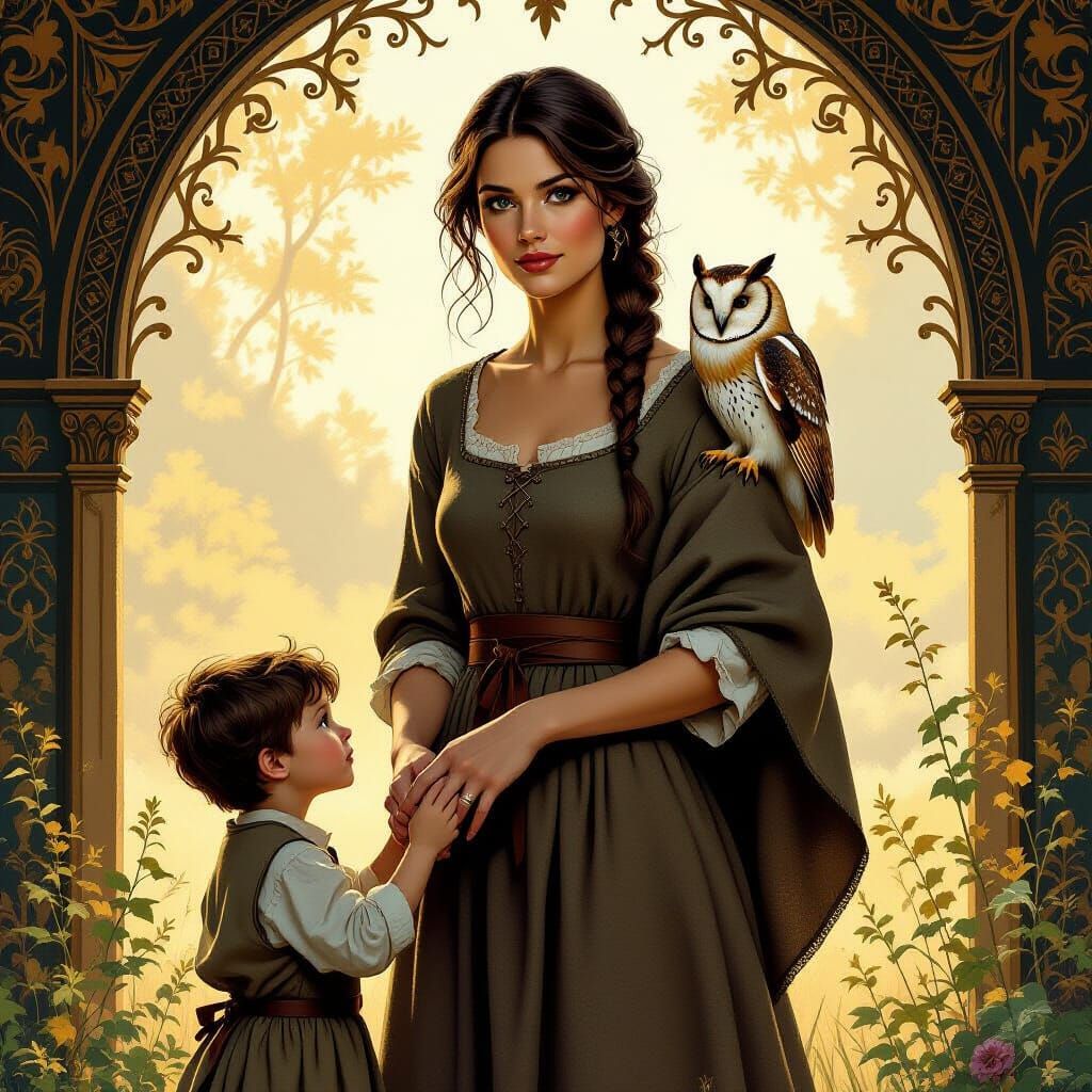 Medieval Woman with Owl in Fantasy Landscape