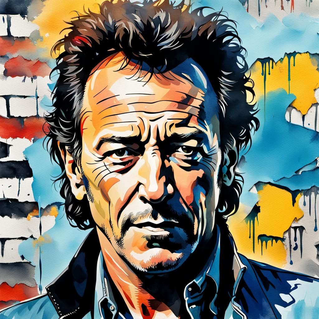 Bruce Springsteen Portrait on Boardwalk in Pop Art Watercolo...