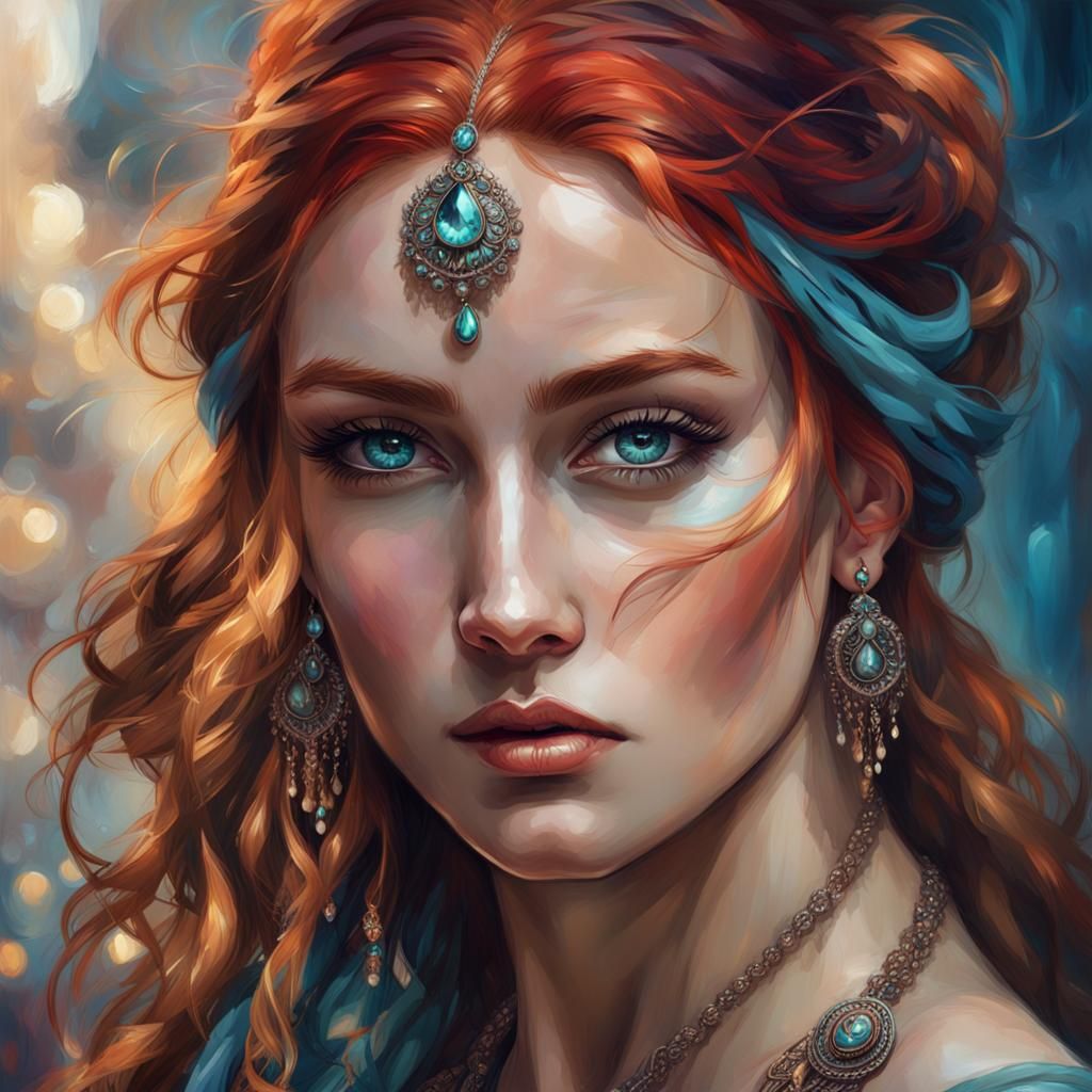 Red-Haired Woman Portrait in Art Nouveau Style