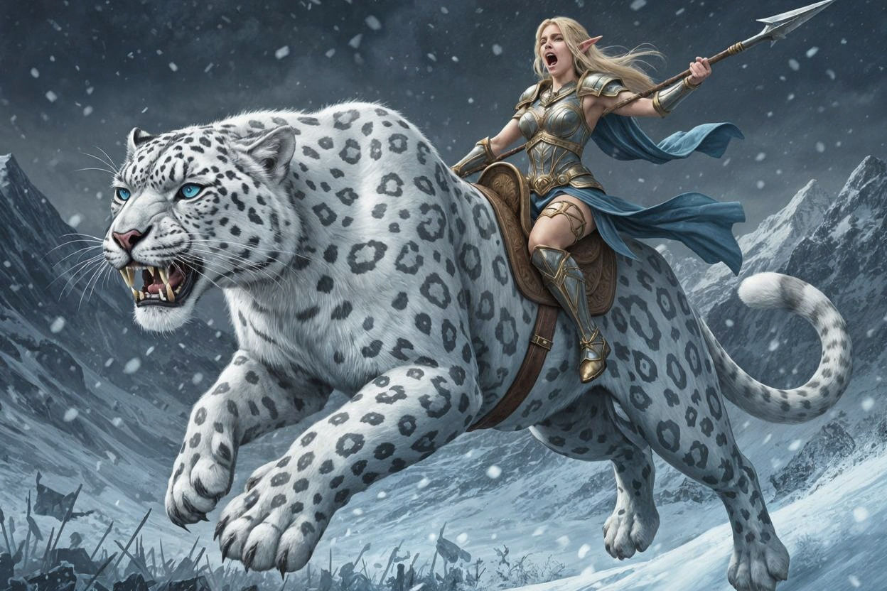 Elf Warrior Riding Snow Leopard in Winter Battle