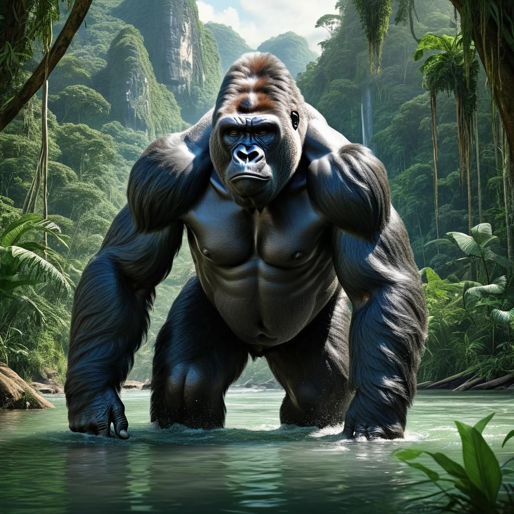 Colossal Gorilla in Jungle Landscape: Digital Art
