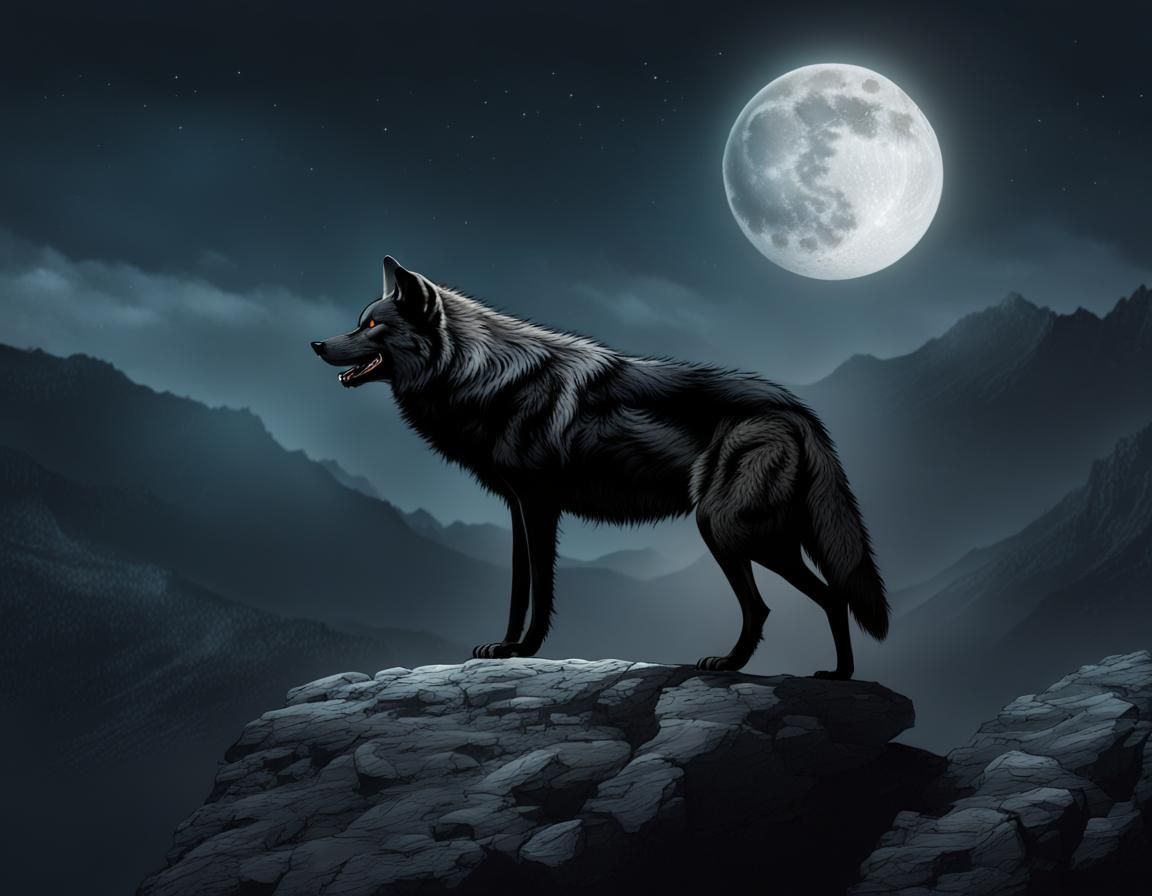 Black Wolf Howling at Moon on Rocky Hill