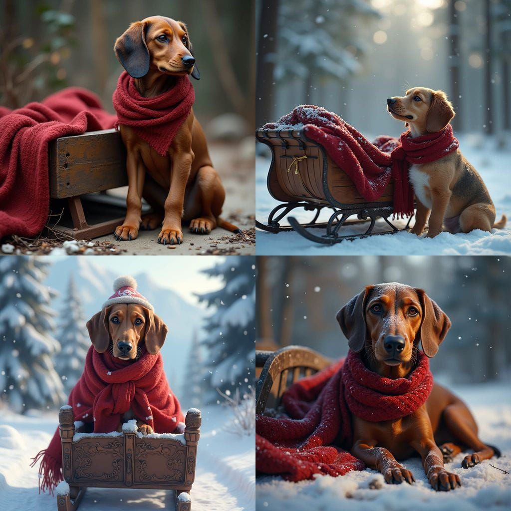 Fantastical Dash Hound Dog in Vintage Sled Scene