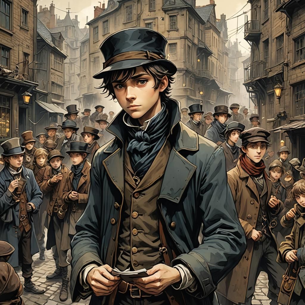 Dystopian Oliver Twist in Burtonesque Anime Style